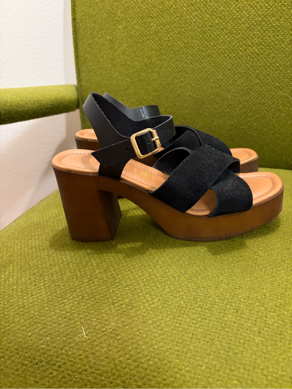 Seychelles Black Suede Platform Sandals with Brown Block Heel